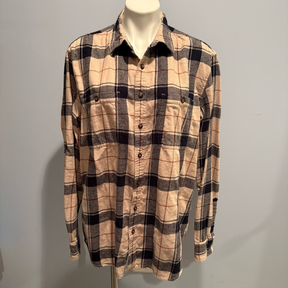 Sonoma Men’s Flannel Shirt XL Beige Navy Plaid Button Front 100% Cotton